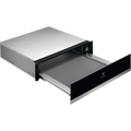 Electrolux KBD4X 60 cm UltimateTaste 700 built-in warming drawer, angled view with the drawer open showing the stainless steel interior and black glass front