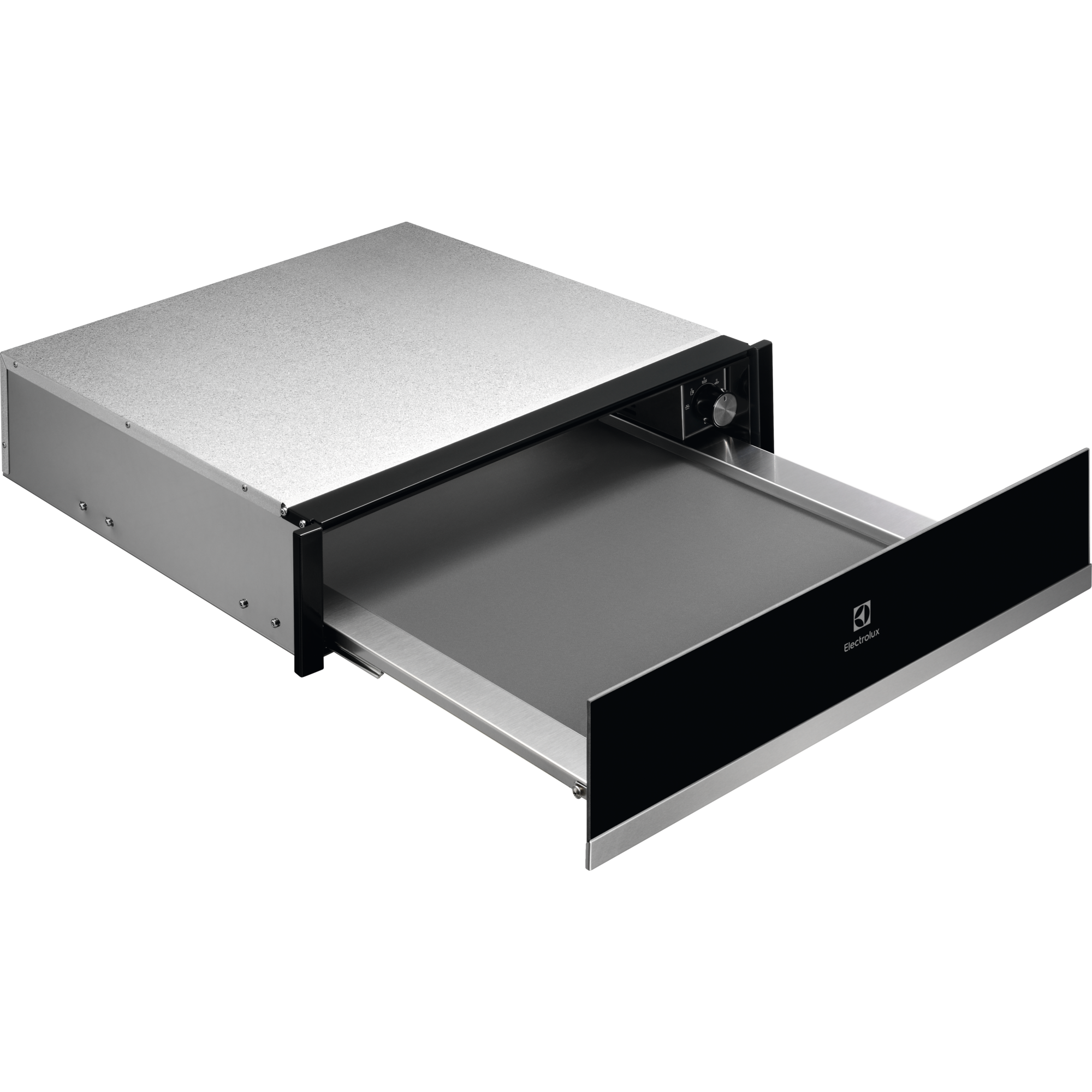 Electrolux KBD4X 60 cm UltimateTaste 700 built-in warming drawer, angled view with the drawer open showing the stainless steel interior and black glass front