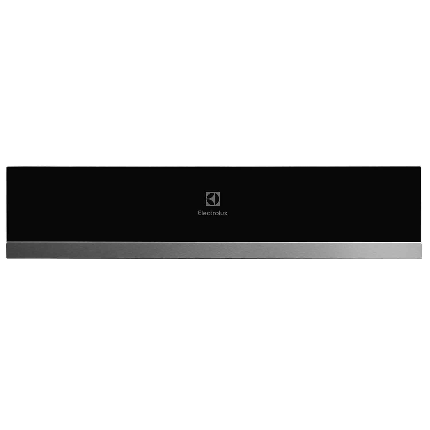 Electrolux KBD4X 60 cm UltimateTaste 700 built-in warming drawer, front view closed, black glass fascia with stainless steel handle strip