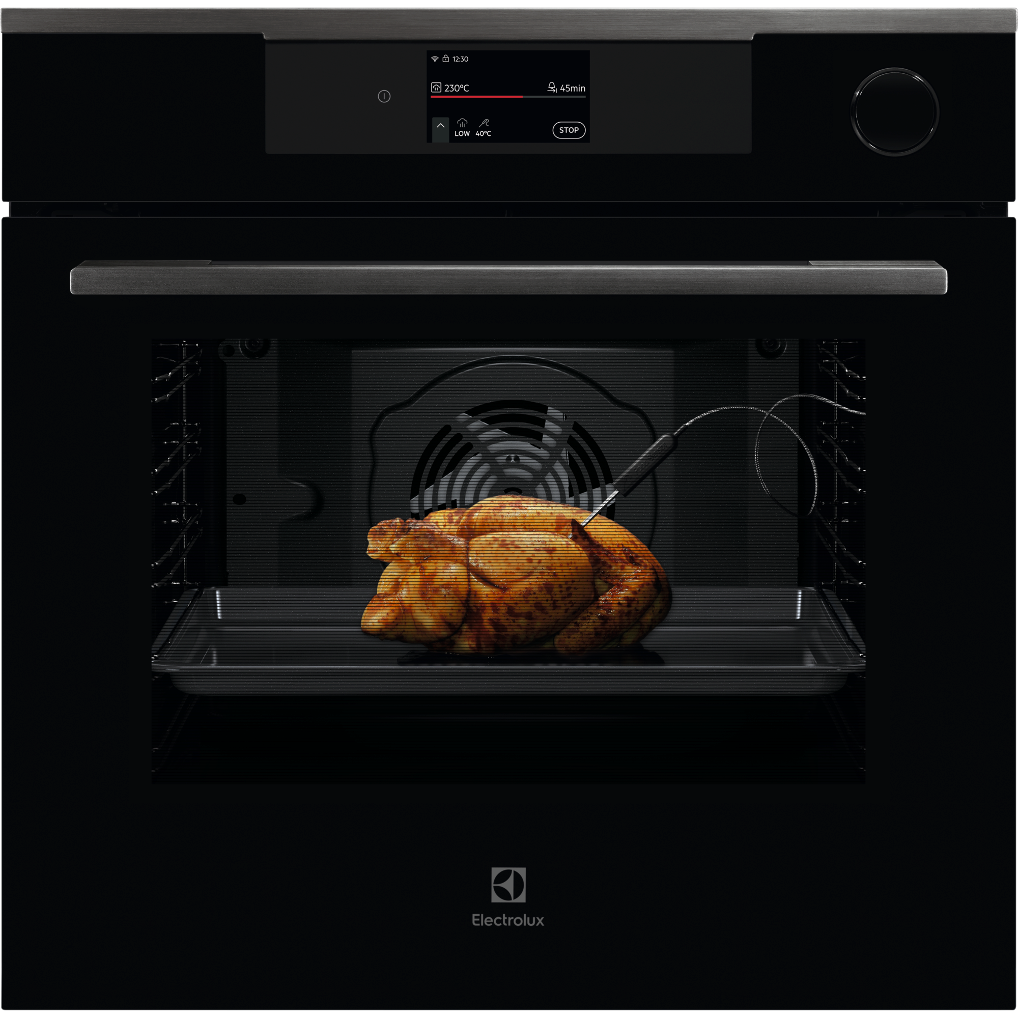 Electrolux KOCAP3XH 60 cm built-in steam oven in black glass, 72 L capacity, front view with roast chicken and food probe in the lit cavity