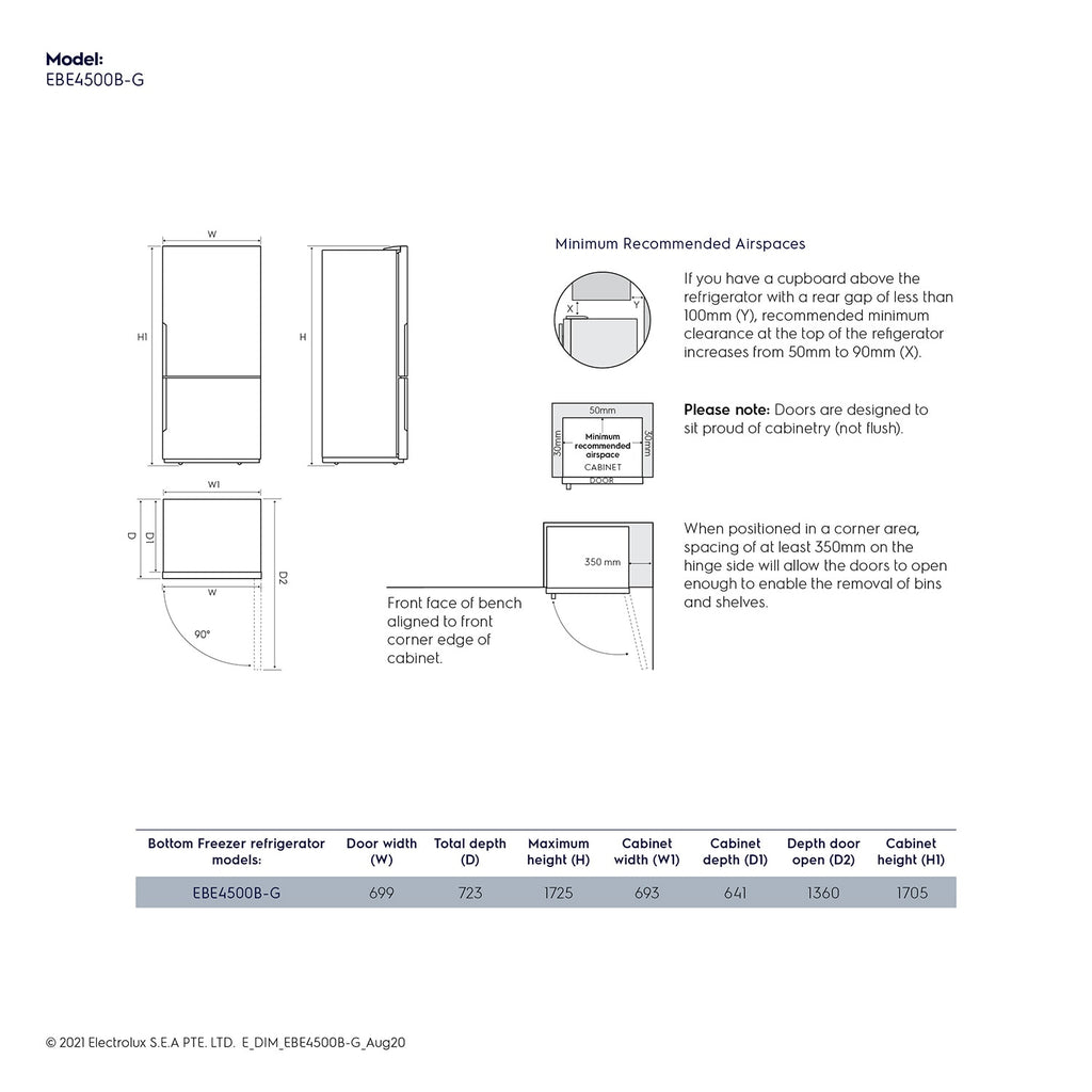 EBE4500B-G 421L UltimateTaste 500 bottom freezer refrigerator