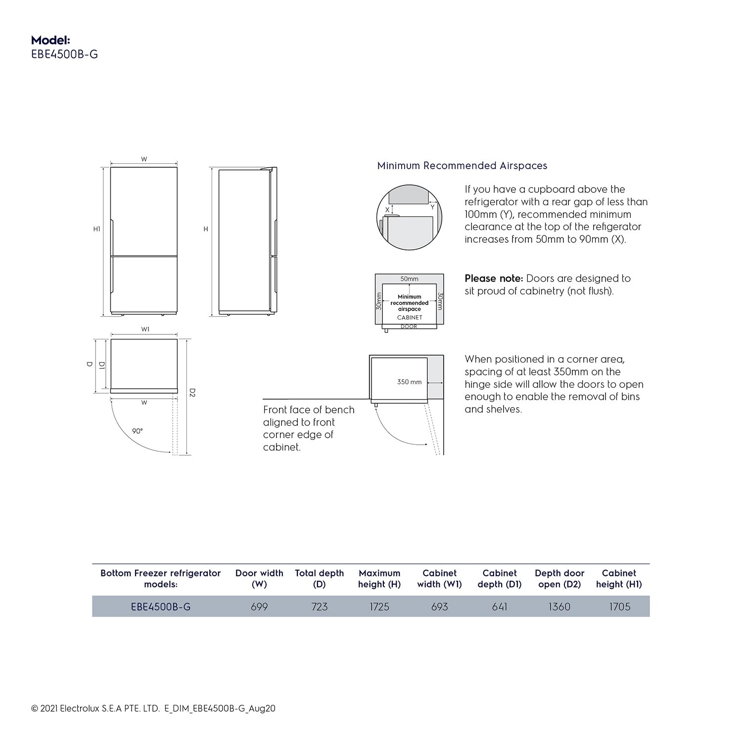 EBE4500B-G 421L UltimateTaste 500 bottom freezer refrigerator
