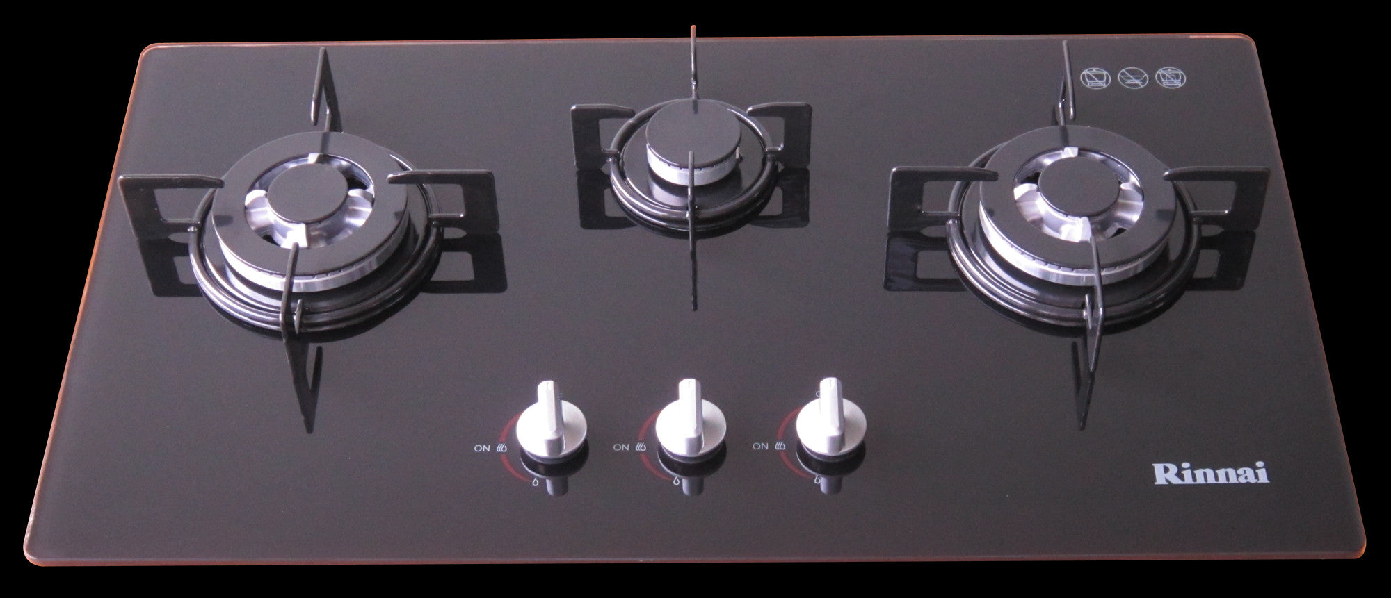 Rinnai RB-7303S-GBSM 3 burner built-in hob, black tempered glass, 750 mm wide (Town Gas)