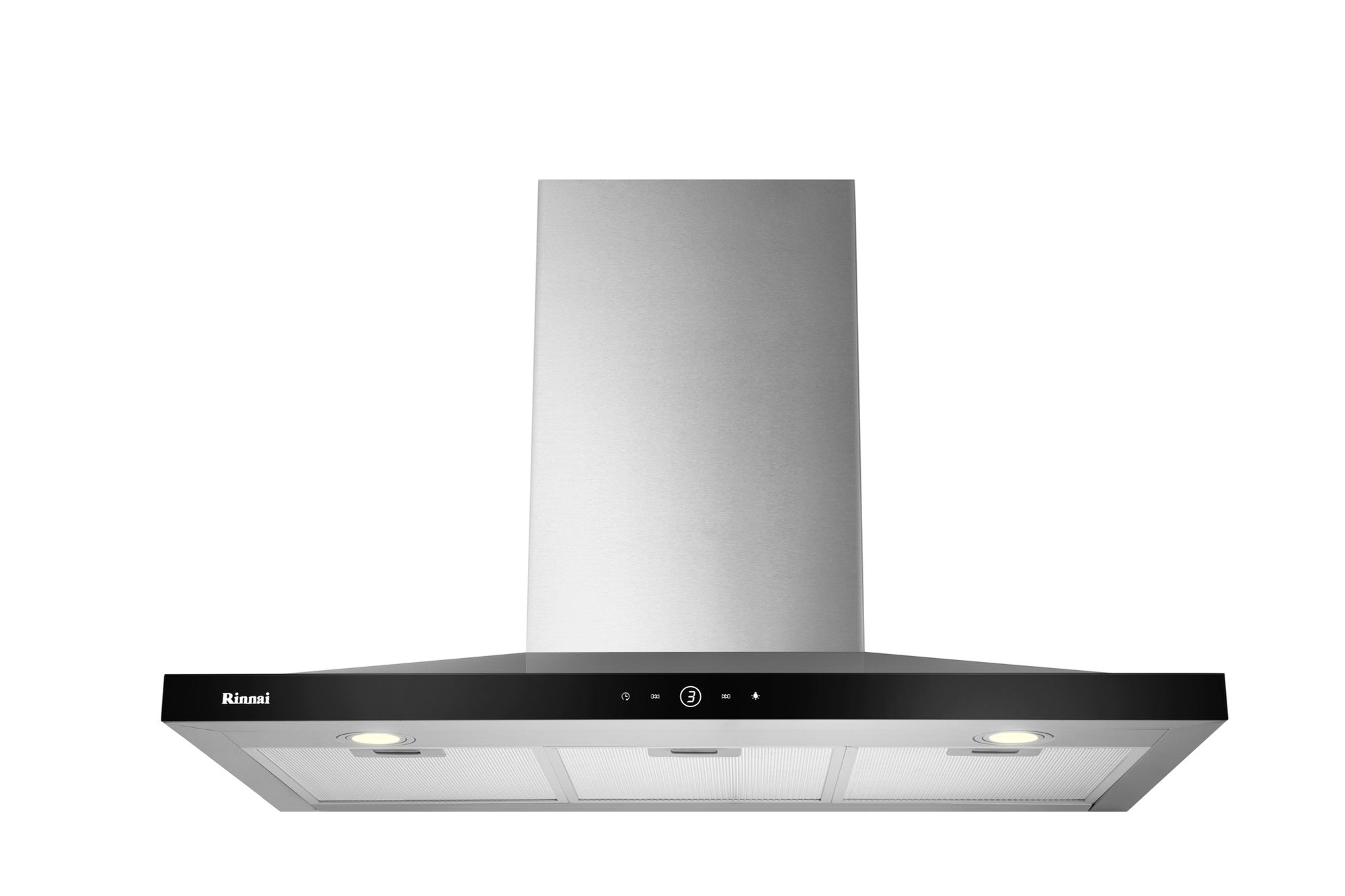 Rinnai RH-C2859-SSW 90cm chimney cooker hood, black glass front, 895 mm wide