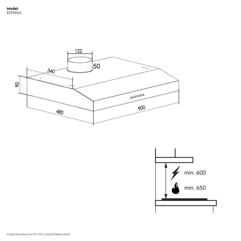 ECF9214X 90cm extractor hood dimension diagram
