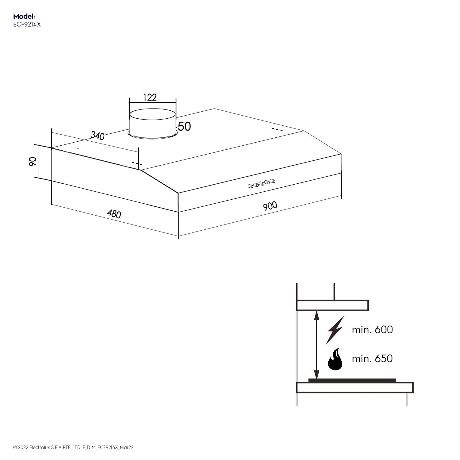 ECF9214X 90cm extractor hood dimension diagram