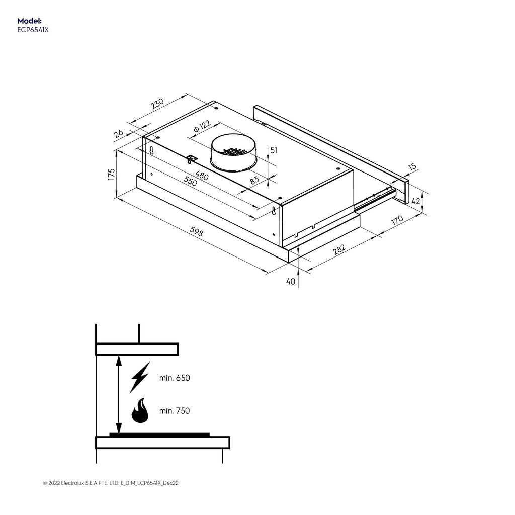 ECP6541X 60cm pull-out extractor hood dimension diagram