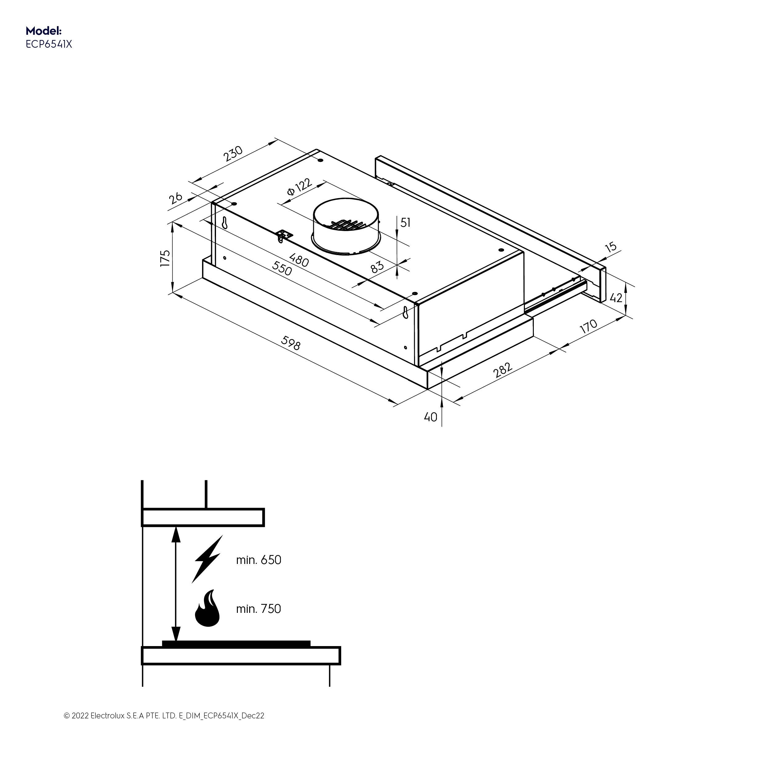 ECP6541X 60cm pull-out extractor hood dimension diagram