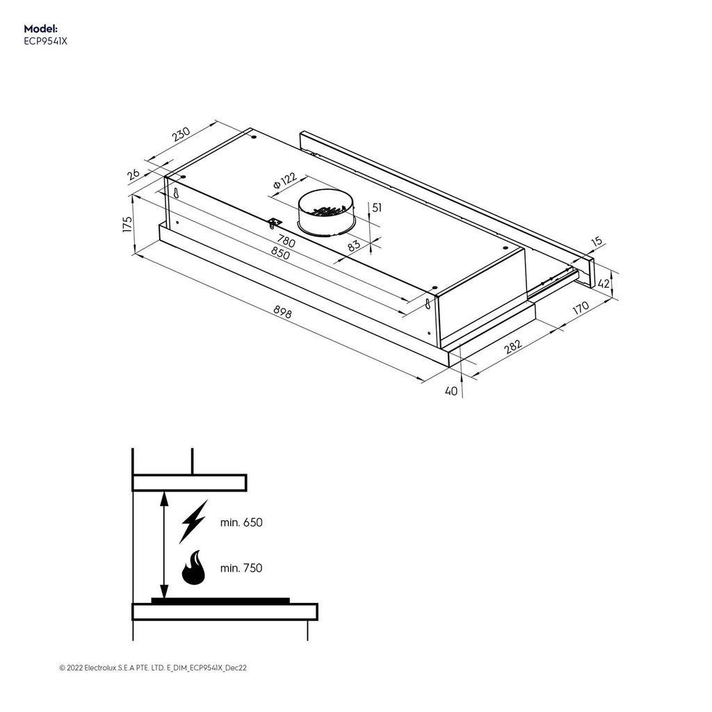 ECP9541X 90cm pull-out extractor hood dimension diagram