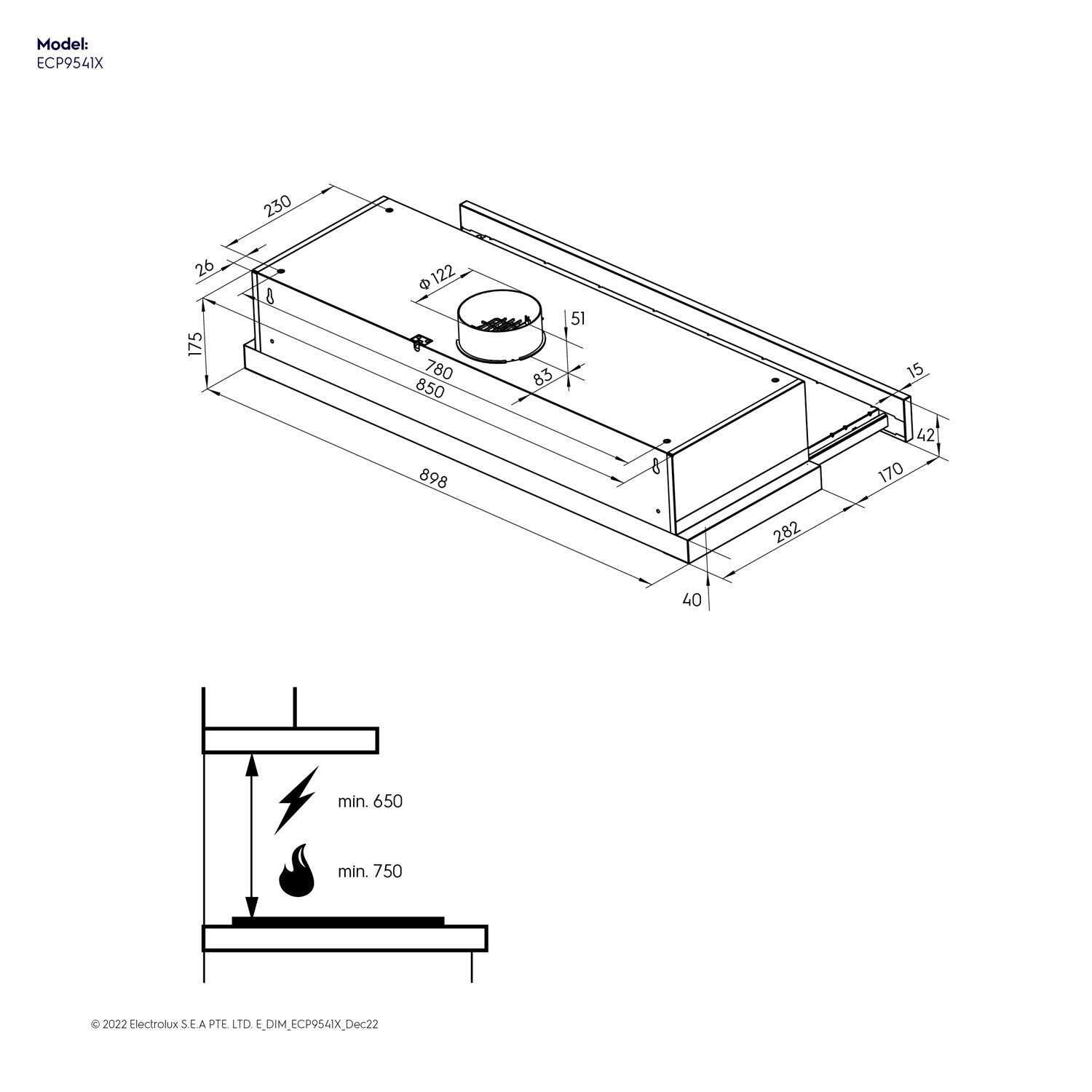 ECP9541X 90cm pull-out extractor hood dimension diagram